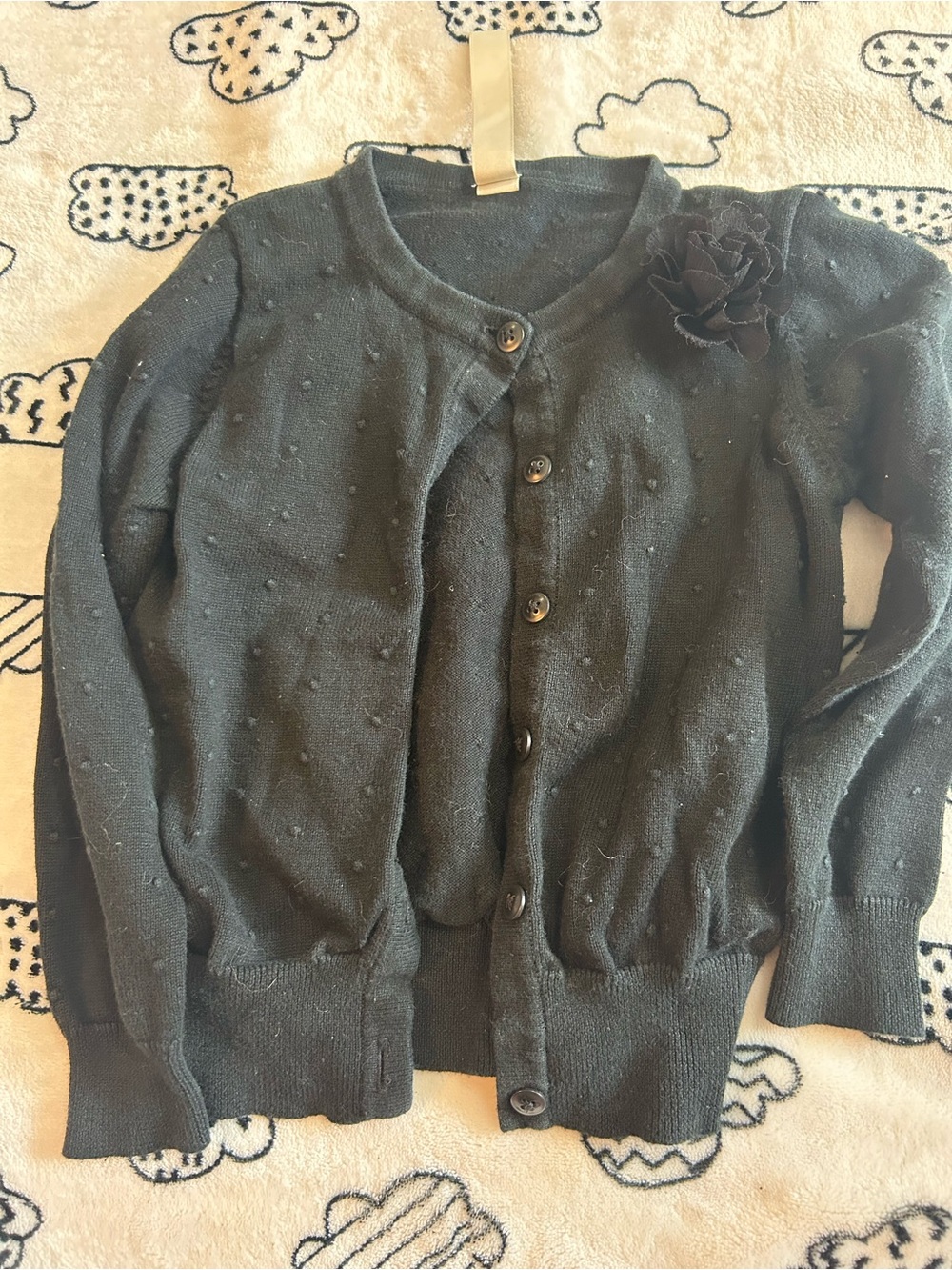 Classic Black Button Cardigan Sweater with Floral Accent